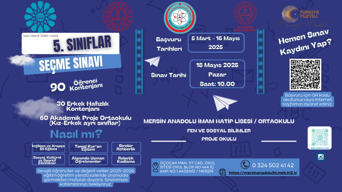 5. Sınıflar Seçme Sınavı Başvuruları 05 Mart - 15 Mayıs  tarihleri arası 